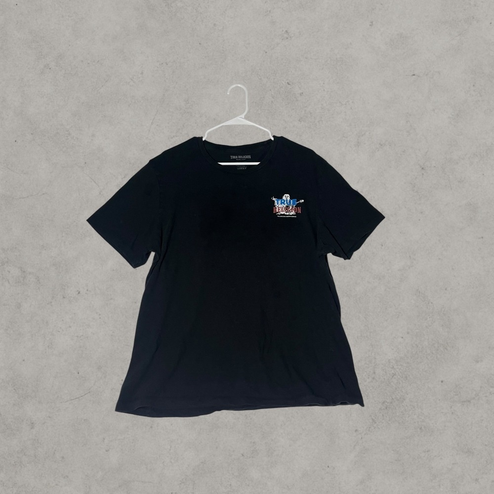 True Religion Mens Buddha Guitar Logo Graphic T-Shirt Black Short Sleeve XL